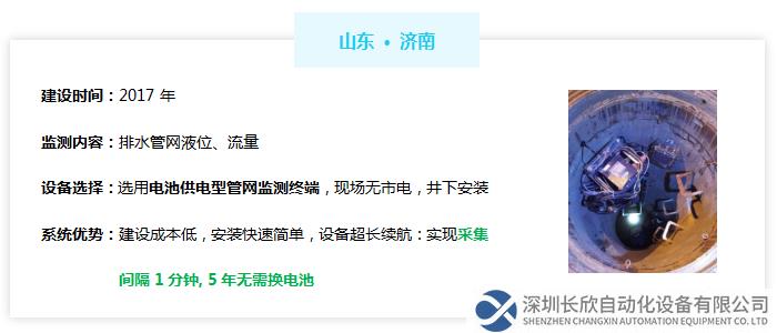 山東洛陽排水管網(wǎng)液位流量監(jiān)測，2017年建設(shè)，選用電池供電型管網(wǎng)監(jiān)測終端，現(xiàn)場無市電，井下安裝